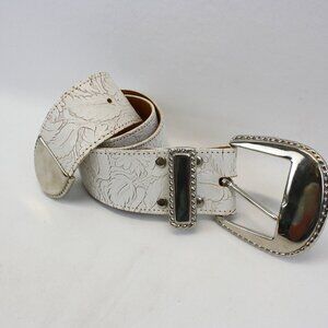 Nan Lewis RARE White Western Floral Embossed Leather Belt S/M 35" Unisex